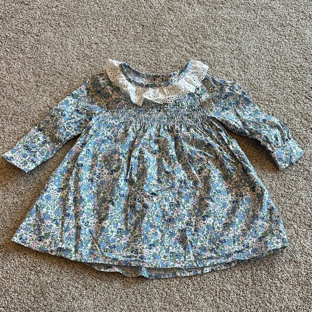 Southern Smocked Co Girls Blue Floral Long-Sleeve Smock Dress Eyelet Collar 18M
